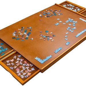 Leather Puzzle Board with Slide-Out Trays - Brown